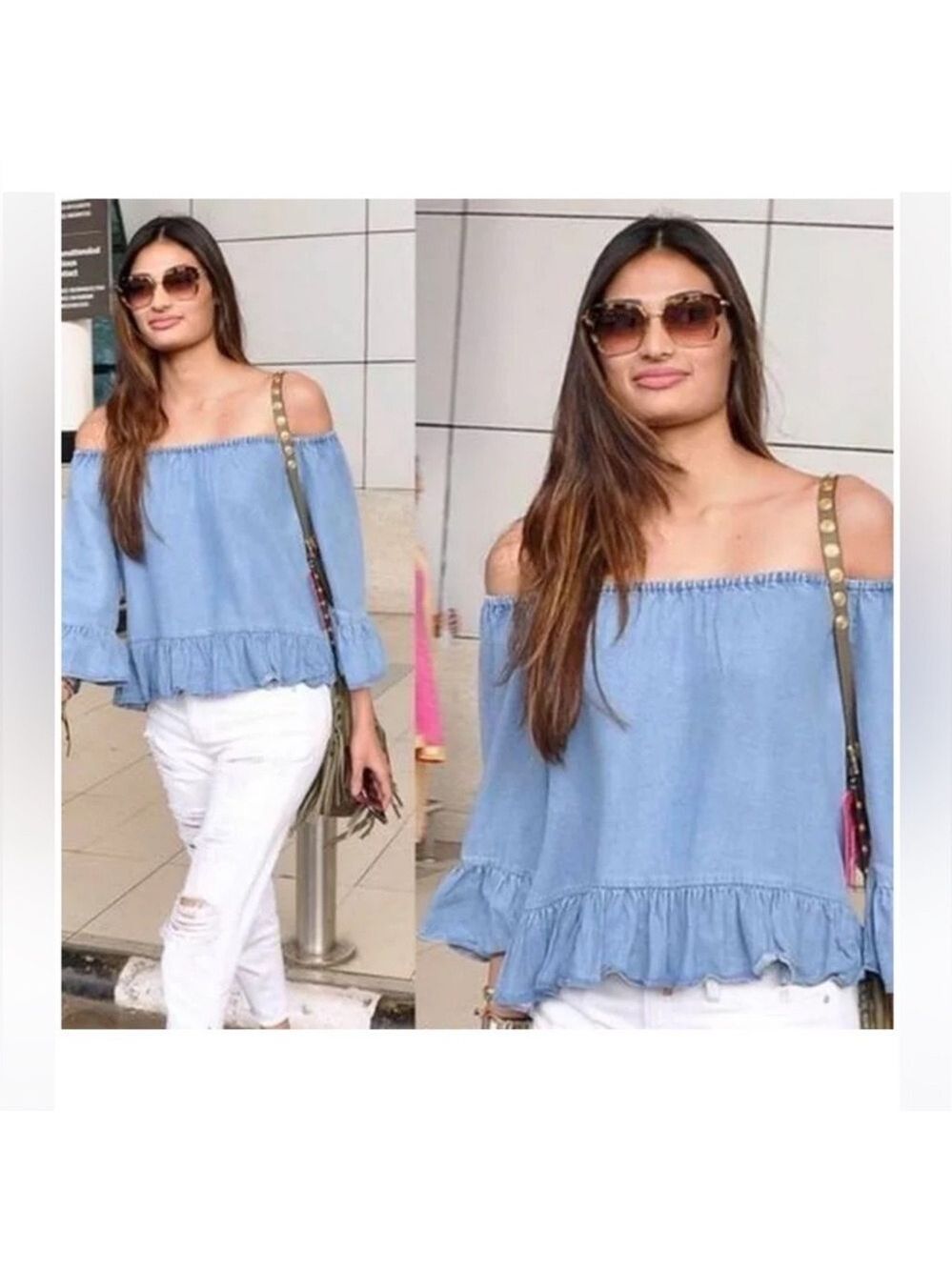 Zara off the shoulder top chambray ruffle top